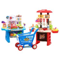 Vaikiška virtuvėlė su prekystaliu ir vežimėliu +110 vnt. priedų Blue